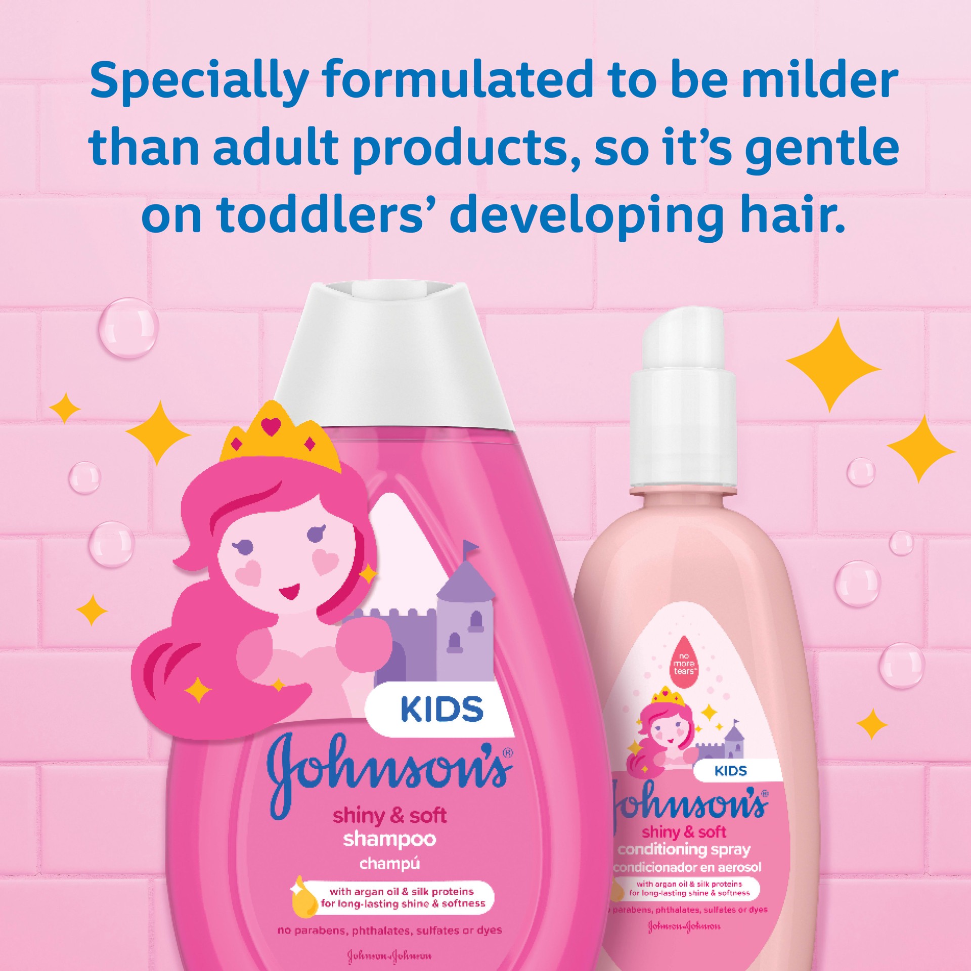 slide 4 of 10, Johnson's Shiny & Soft Tear-Free Kids' Shampoo with Argan Oil & Silk Proteins, Paraben-, Sulfate- & Dye-Free Formula, Hypoallergenic & Gentle for Toddler's Hair, 13.6 fl. oz, 400 ml