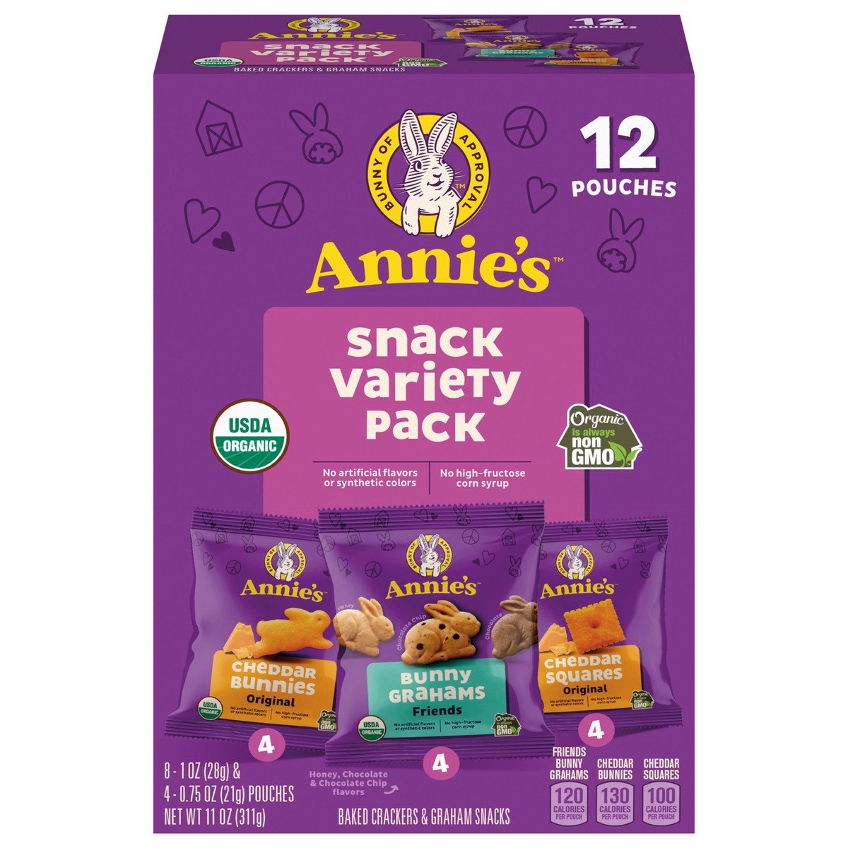 slide 1 of 1, Annie's Organic Variety Pack, Cheddar Bunnies, Bunny Grahams and Cheddar Squares, 12 Pouches, 11 oz, 12 ct