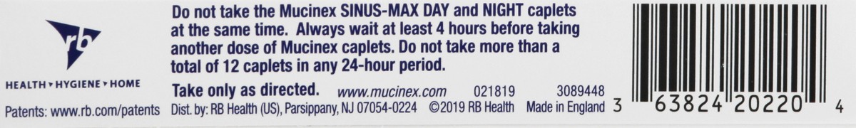 slide 8 of 9, Mucinex Sinus-Max Maximum Strength Day/Night Caplets Acetaminophen 20 ea, 10 ct