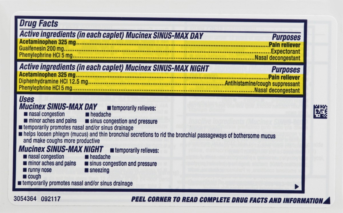 slide 7 of 9, Mucinex Sinus-Max Maximum Strength Day/Night Caplets Acetaminophen 20 ea, 10 ct