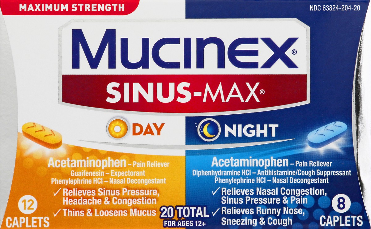 slide 4 of 9, Mucinex Sinus-Max Maximum Strength Day/Night Caplets Acetaminophen 20 ea, 10 ct