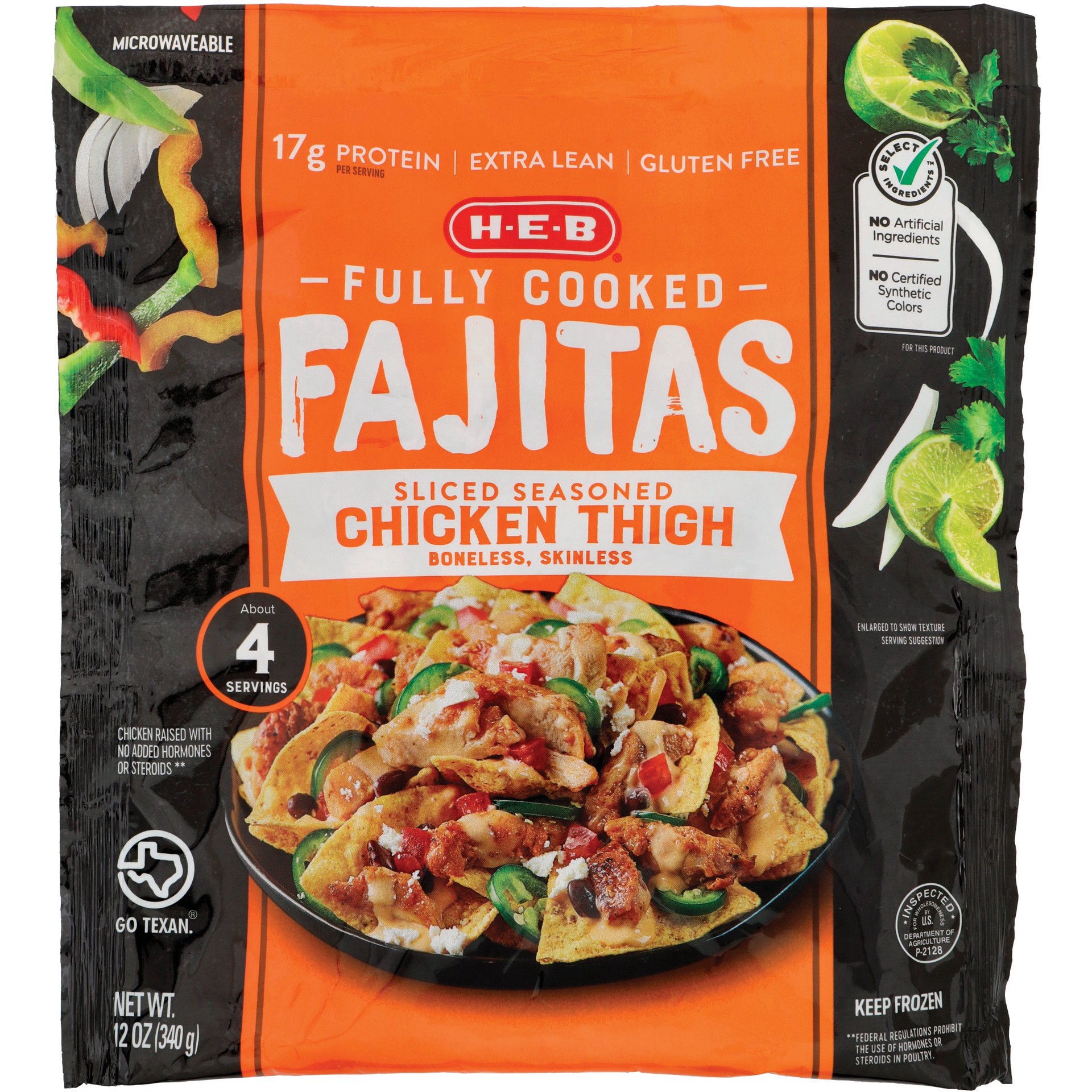 slide 1 of 1, H-E-B Fully Cooked Frozen Seasoned Chicken Thigh Fajitas, 12 oz