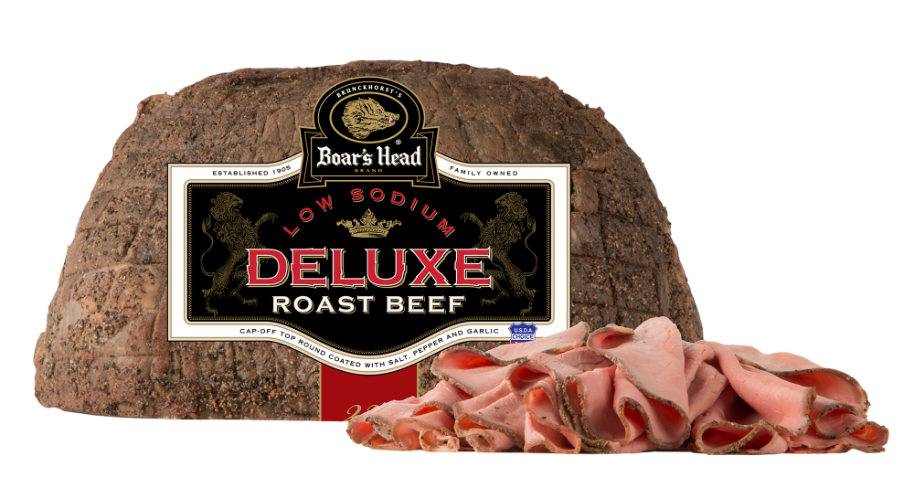 slide 1 of 1, Boar's Head Deluxe Low Sodium Cap-Off Top Round Oven Roasted Beef, per lb
