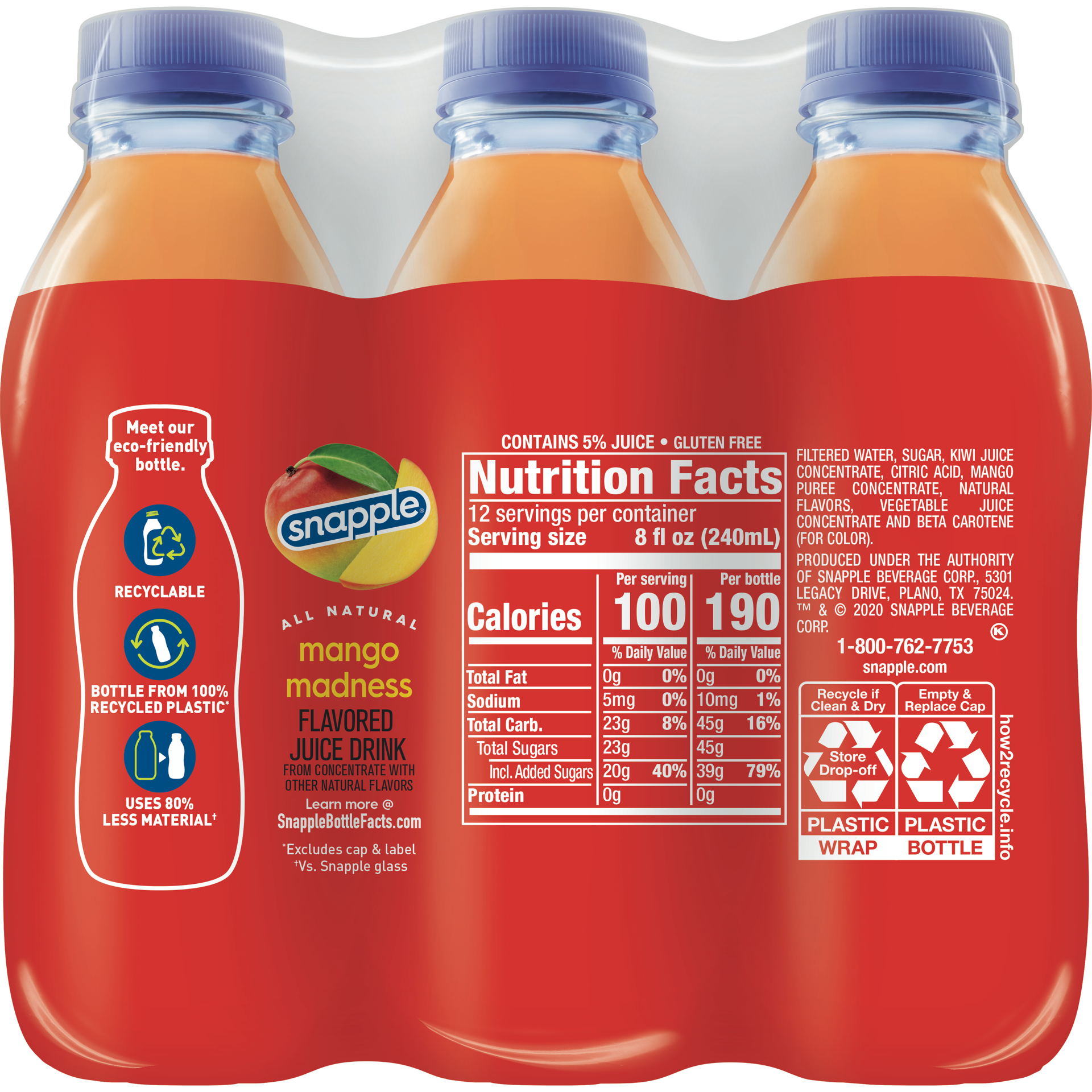 slide 3 of 5, Snapple Mango Madness Flavored Juice Drink, 16 fl oz recycled plastic bottle, 6 pack - 6 ct, 6 ct