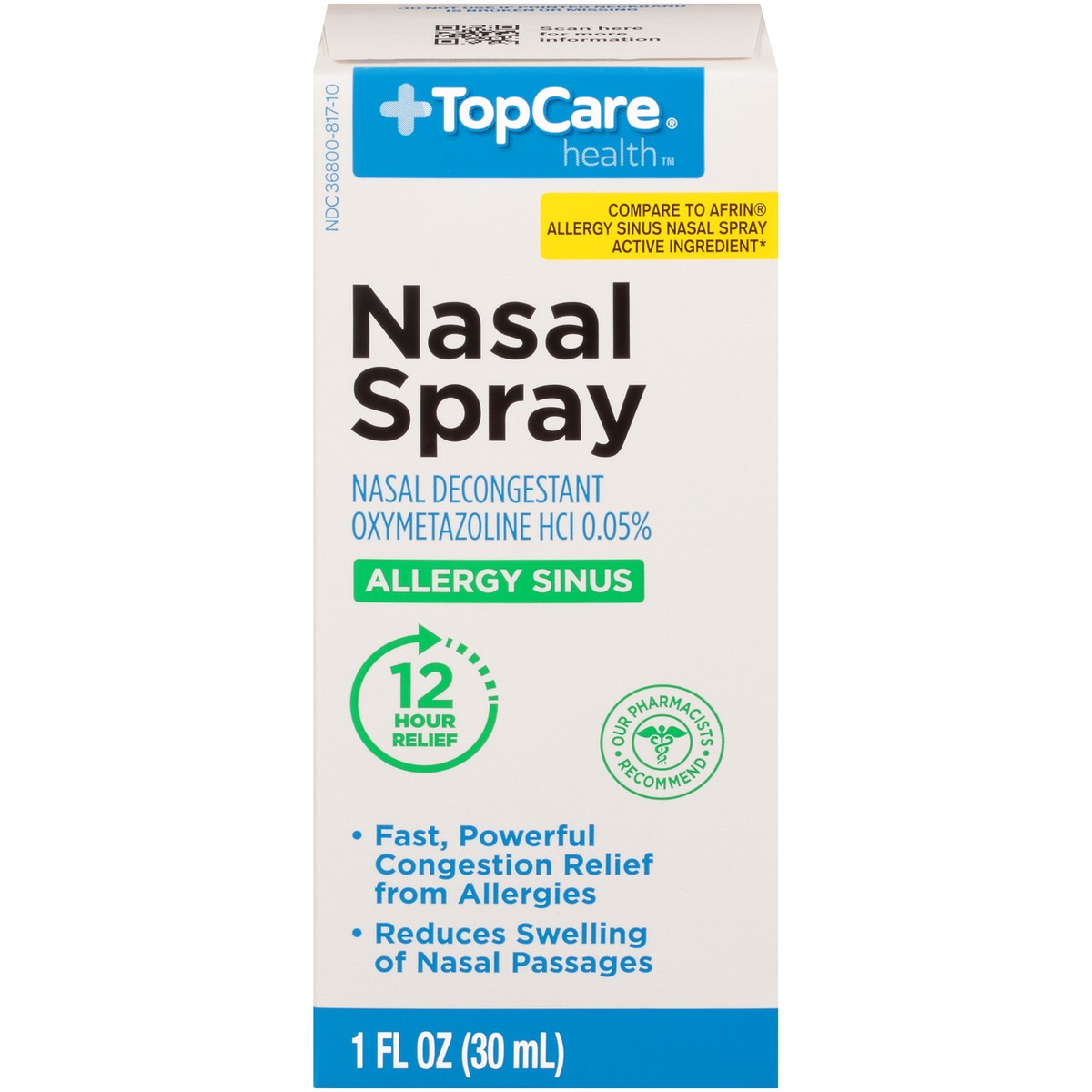 slide 1 of 9, TopCare Allergy Sinus Nasal Decongestant Oxymetazoline Hcl 0.05% Spray, 1 fl oz