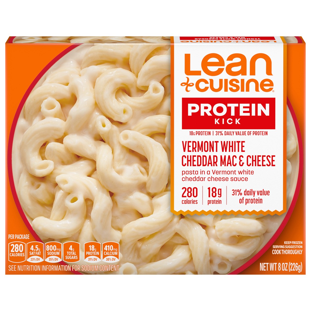 slide 1 of 9, Lean Cuisine Frozen Meal Vermont White Cheddar Mac and Cheese, Protein Kick Microwave Meal, Microwave Macaroni and Cheese Dinner, Frozen Dinner for One, 8 oz