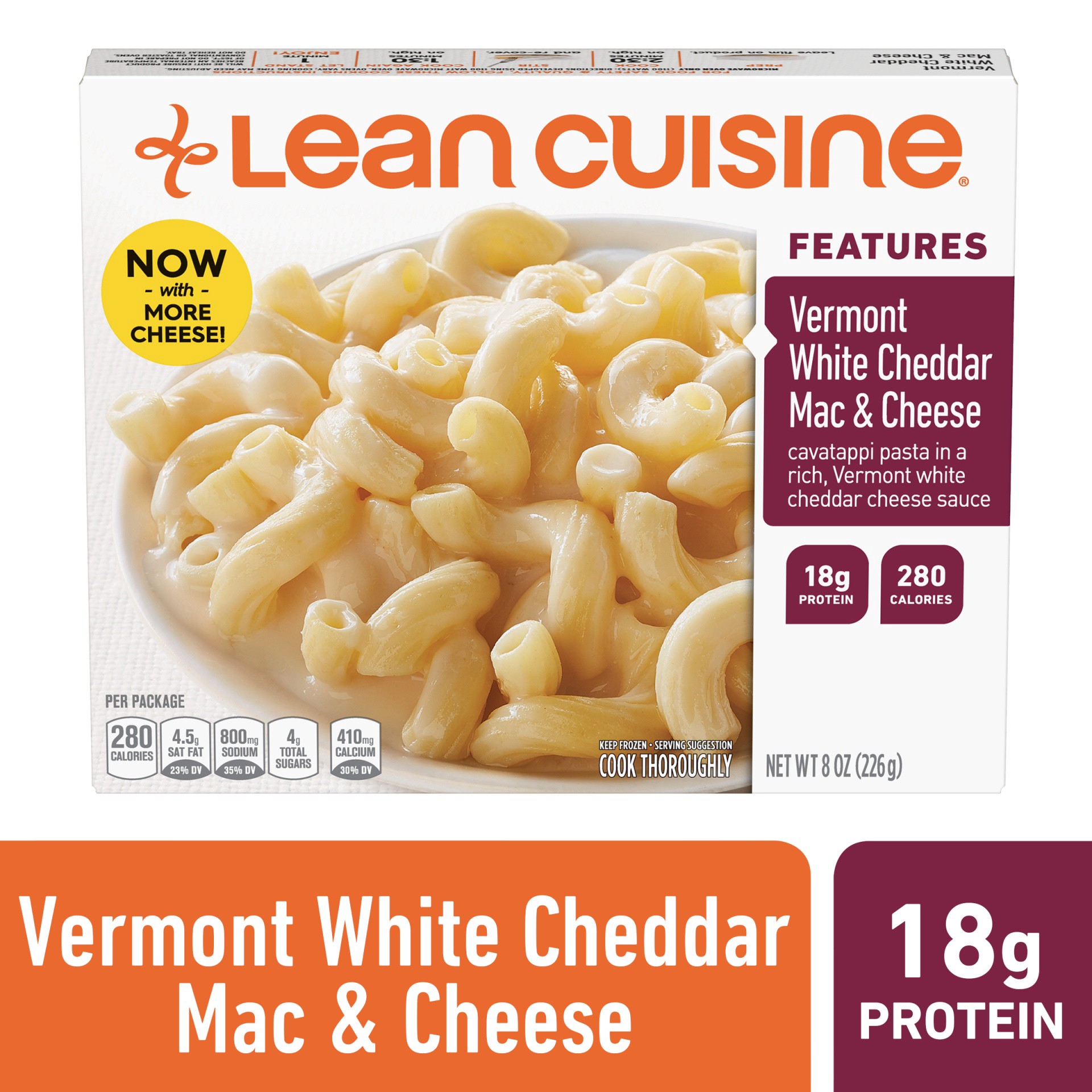 slide 1 of 9, Lean Cuisine Frozen Meal Vermont White Cheddar Mac and Cheese, Protein Kick Microwave Meal, Microwave Macaroni and Cheese Dinner, Frozen Dinner for One, 8 oz