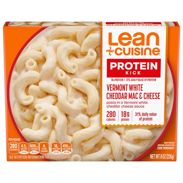 slide 1 of 9, Lean Cuisine Frozen Meal Vermont White Cheddar Mac and Cheese, Protein Kick Microwave Meal, Microwave Macaroni and Cheese Dinner, Frozen Dinner for One, 8 oz