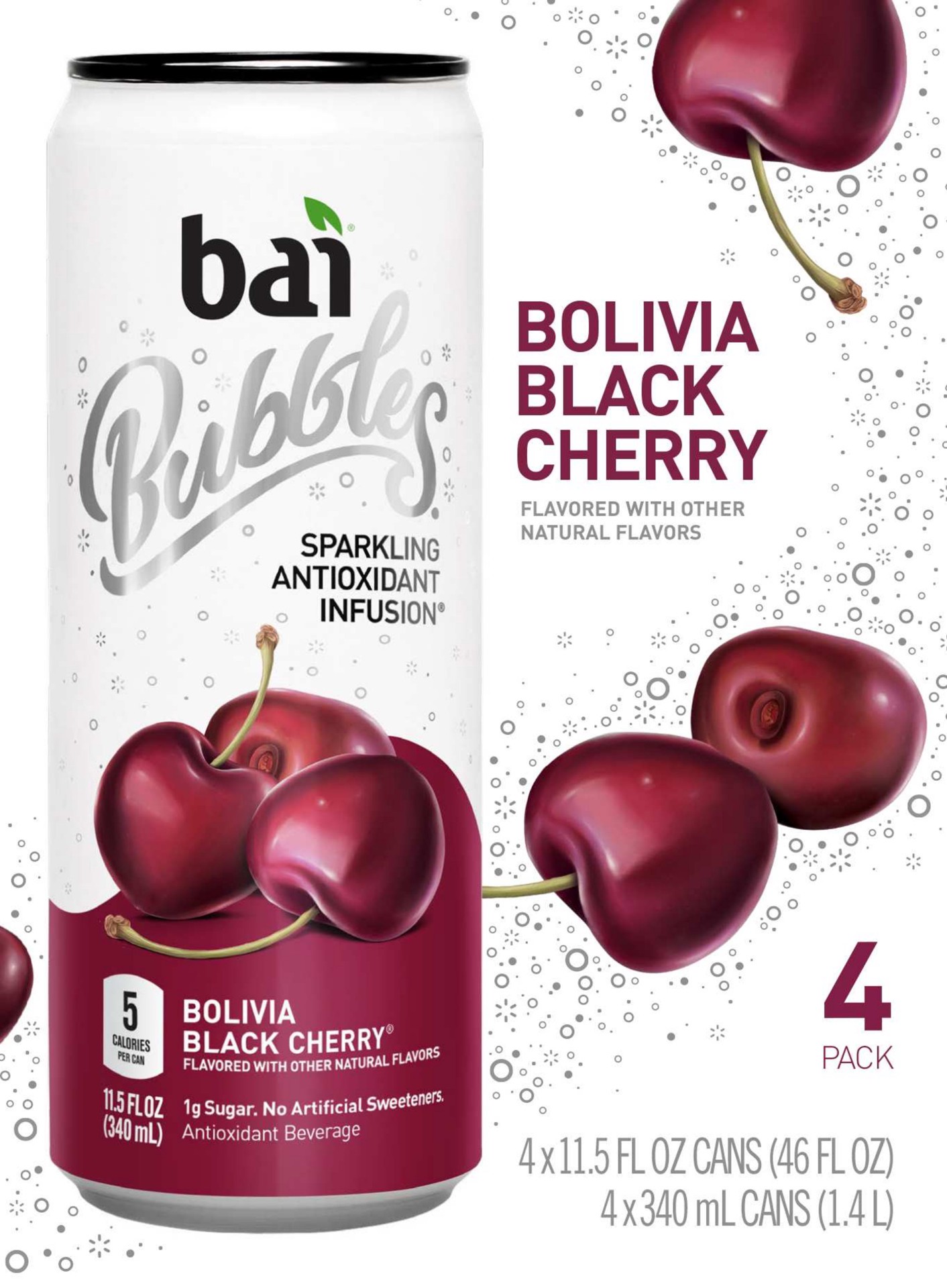 slide 1 of 2, Bai Bubbles Sparkling Water, Bolivia Black Cherry, Antioxidant Infused Drinks, 11.5 Fluid Ounce Can, 4 count, 4 ct; 11.5 fl oz