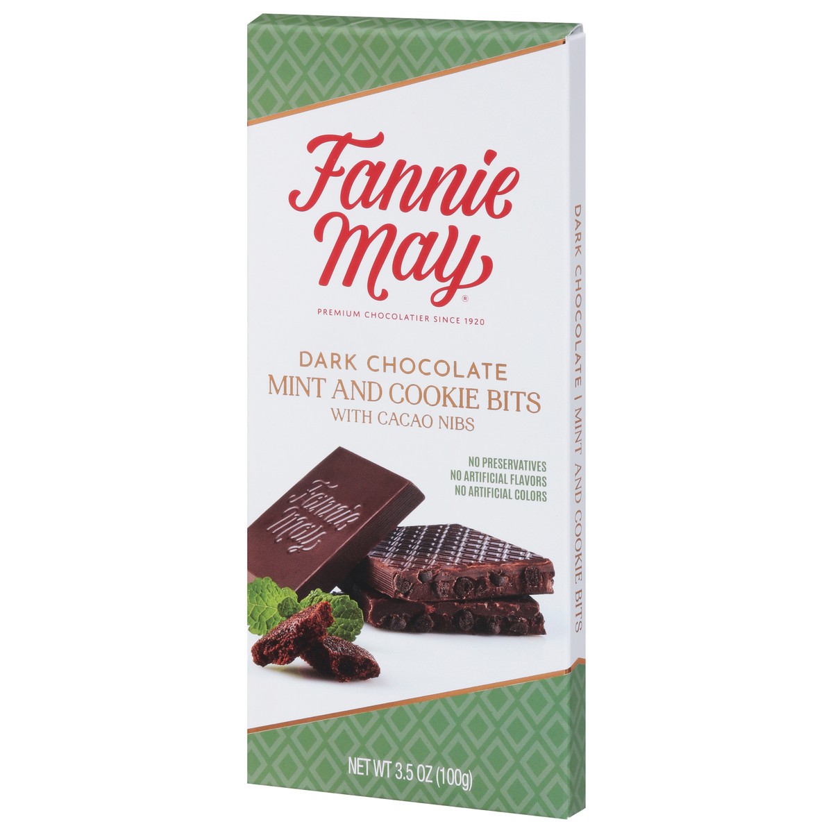 slide 2 of 15, FANNIE MAY Dark Chocolate Mint and Cookie Bits Tablet 3.5oz / 100g, 3.5 oz