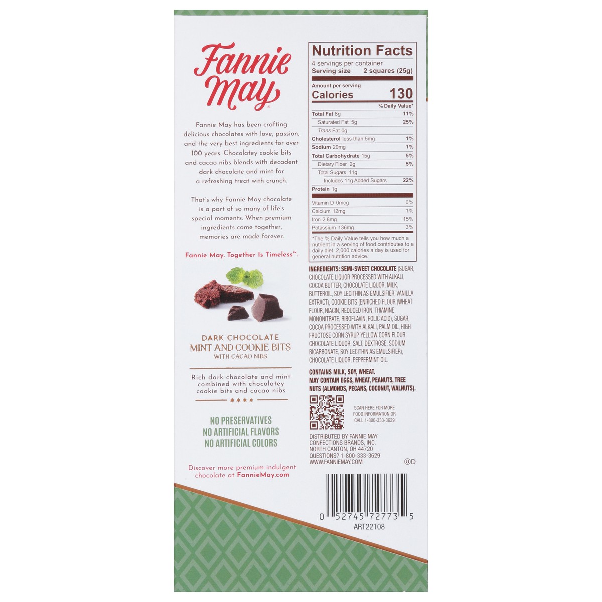 slide 15 of 15, FANNIE MAY Dark Chocolate Mint and Cookie Bits Tablet 3.5oz / 100g, 3.5 oz