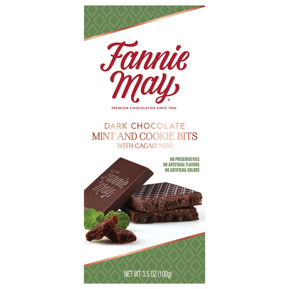 slide 1 of 15, FANNIE MAY Dark Chocolate Mint and Cookie Bits Tablet 3.5oz / 100g, 3.5 oz