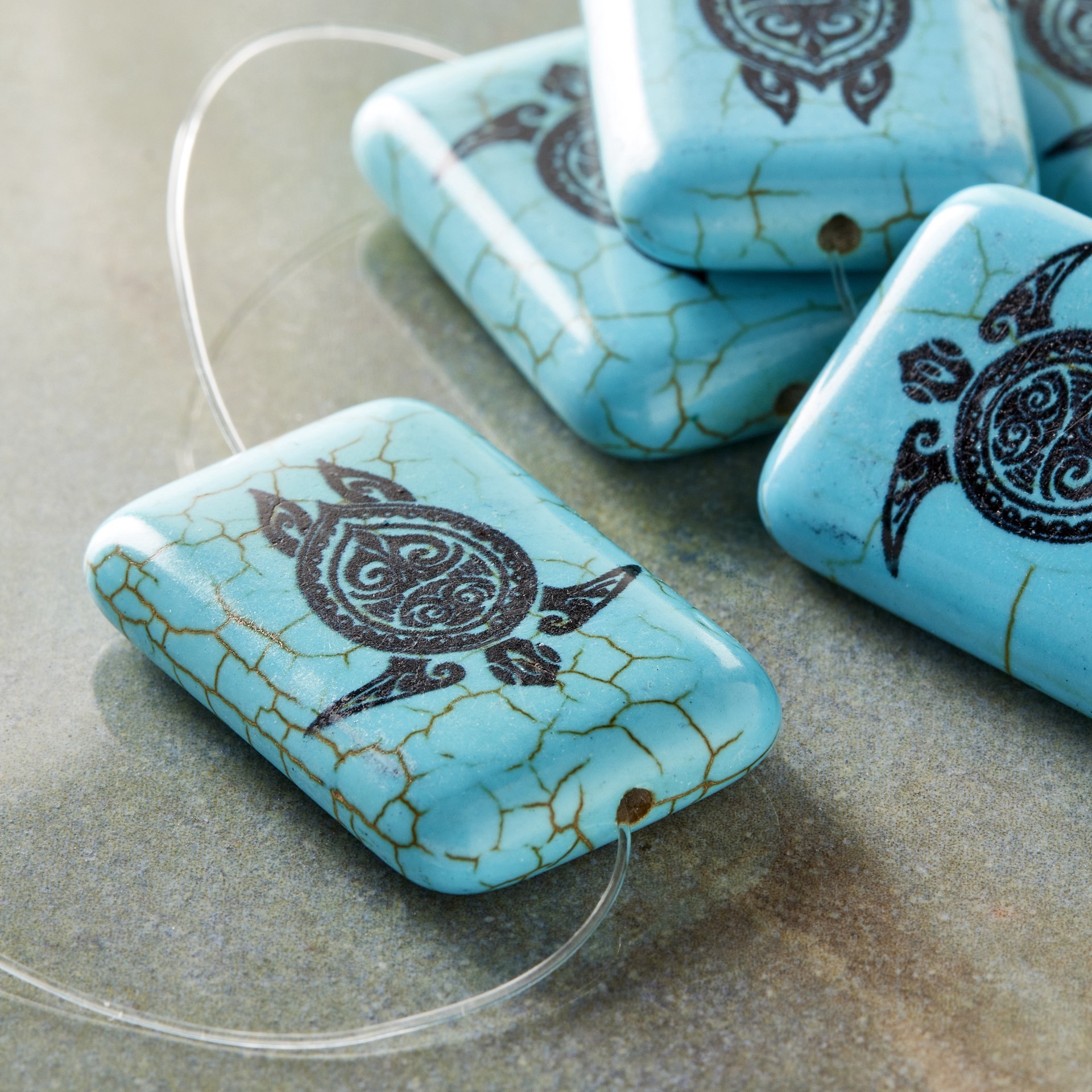 slide 2 of 3, Turquoise Reconstituted Stone Turtle Print Rectangle Beads, 30mm By Bead Landing, 30 mm