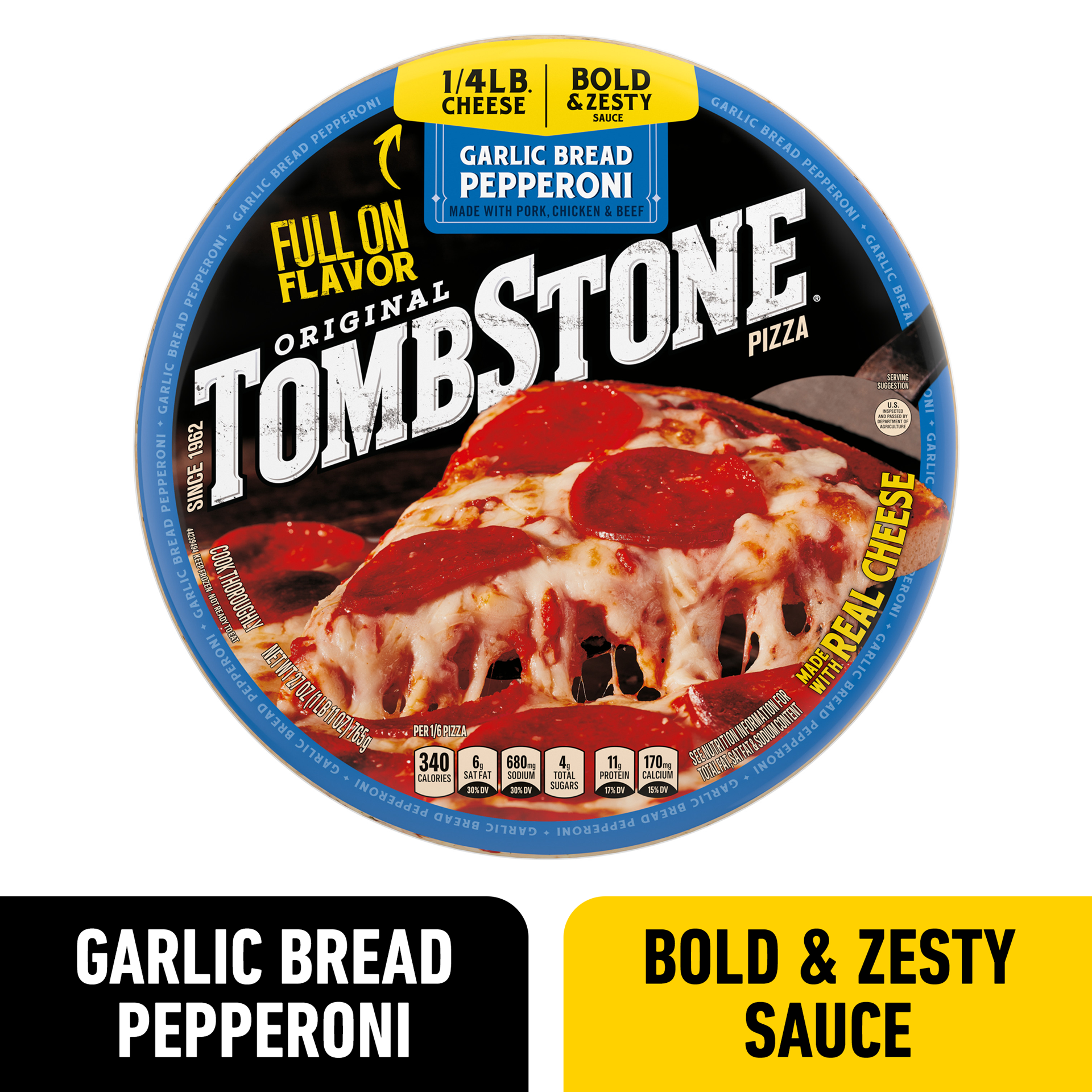 slide 1 of 2, Tombstone Original Crust Pizza, Garlic Bread Pepperoni Pizza, Freezer Pizza (Frozen), 27 oz