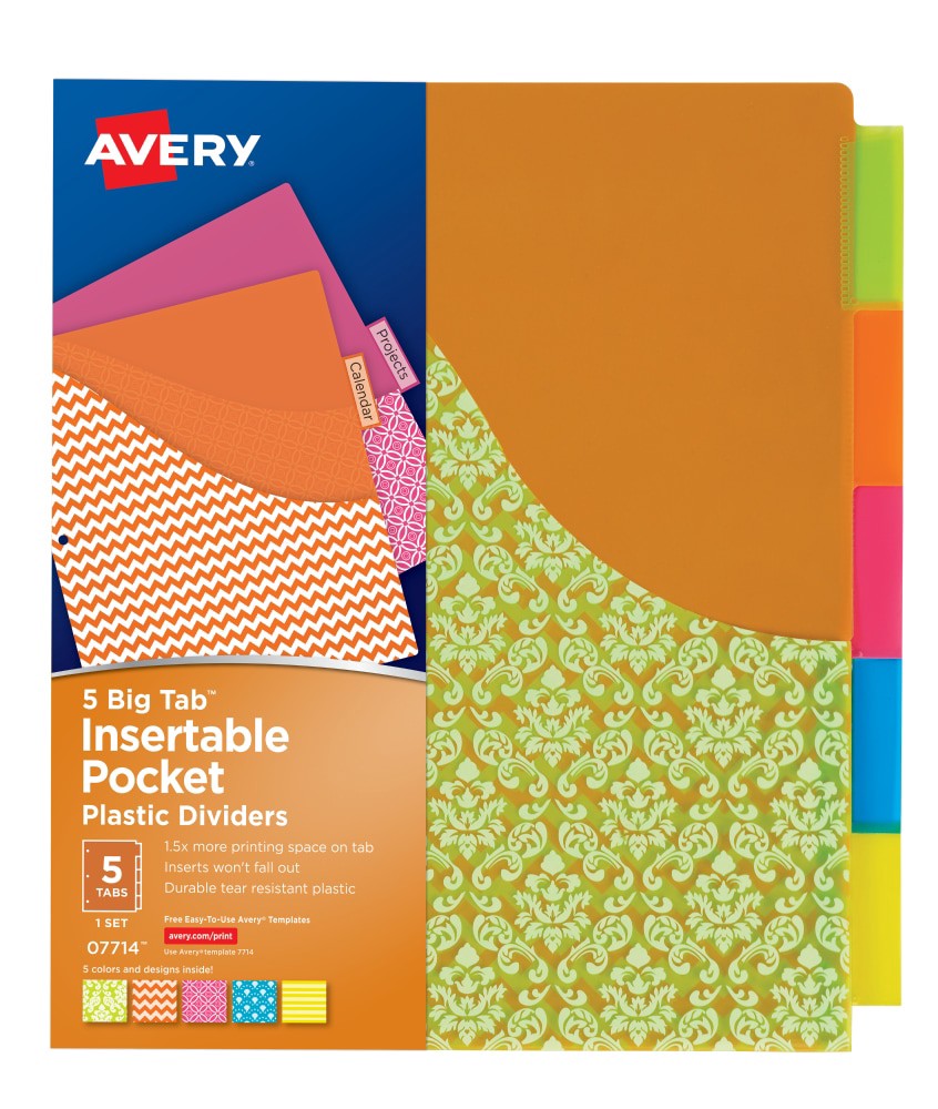 slide 1 of 2, Avery Big Tab Insertable Plastic Dividers With Pocket - Multi-Color - 5 Pack, 5 ct