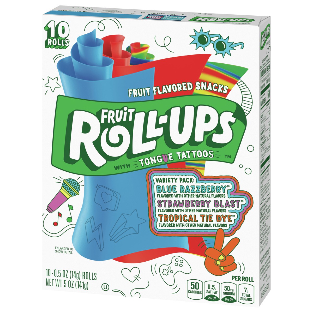 Fruit Roll-Ups Fruit Flavored Snacks, Tropical Tie-Die, 0.5 oz, 10 ct