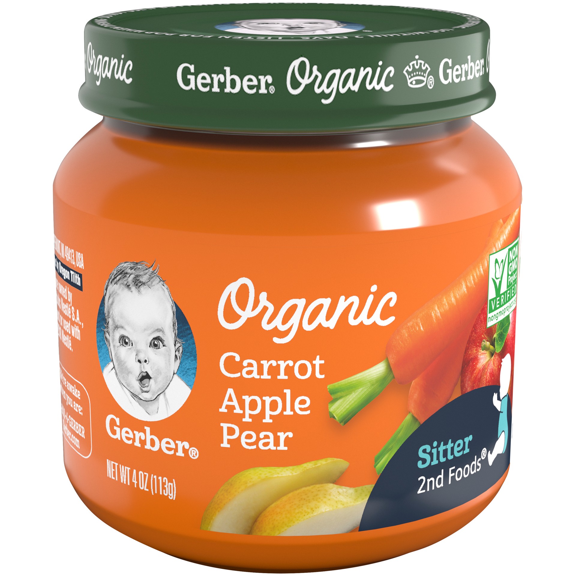 slide 1 of 9, Gerber 2nd Foods Organic Carrot Apple Pear Baby Food, 4 oz Jars, 10 Count, 4 oz