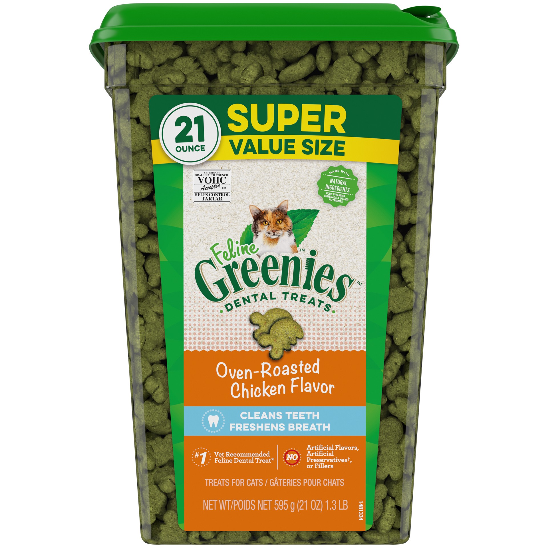 slide 1 of 4, Feline Greenies Natural Dental Care Cat Treats Oven Roasted Chicken Flavor, 21 Oz. Tub, 21 oz