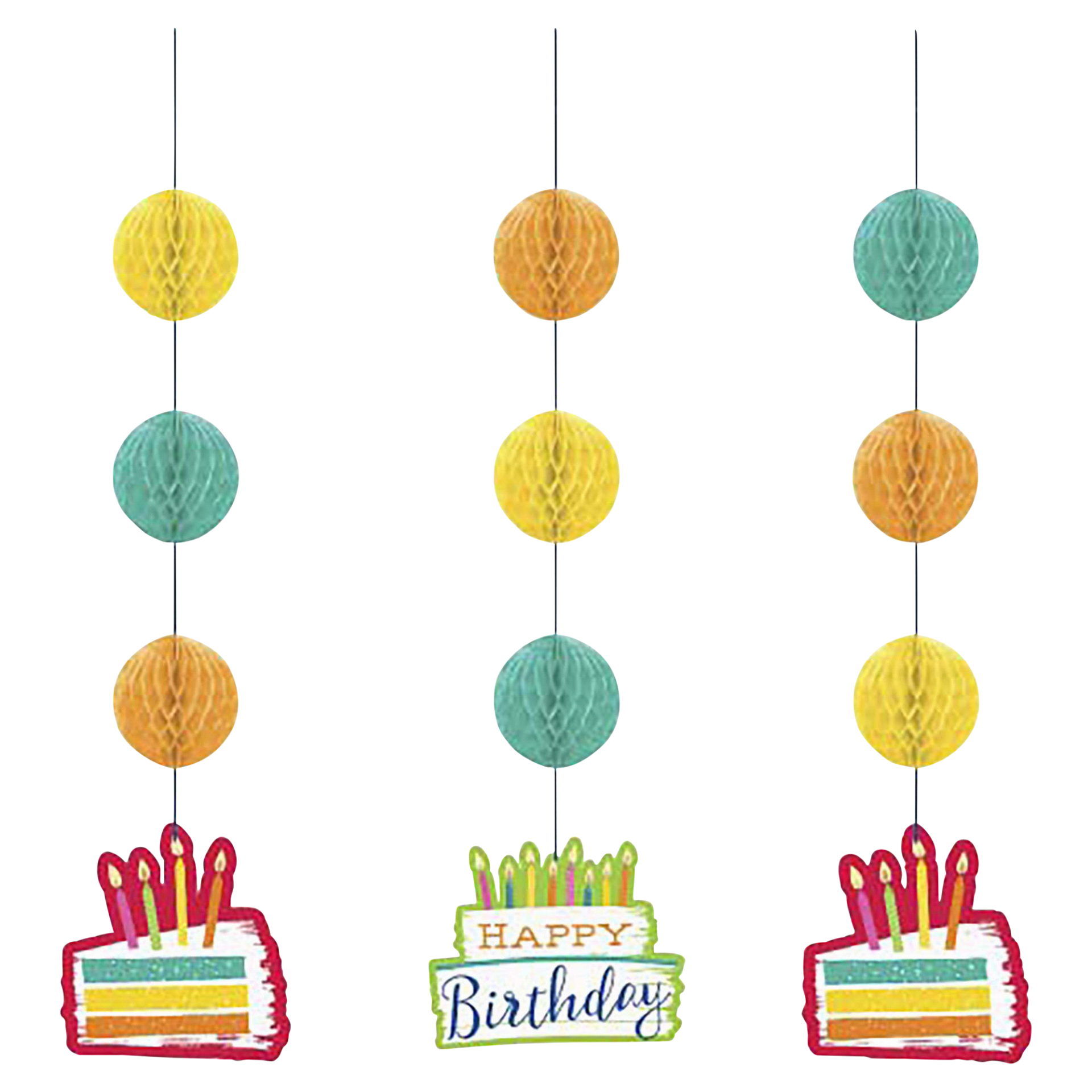 slide 1 of 1, Creative Converting Birthday Festive Cake Hanging Cutouts, 3 ct