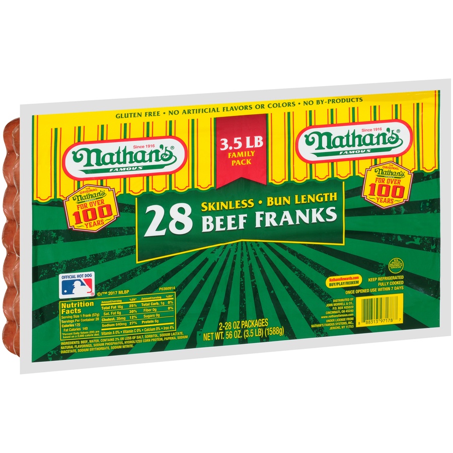 slide 1 of 1, Nathan's Famous All Beef Skinless Franks, 56 oz