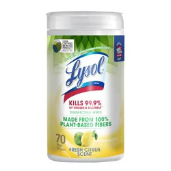 Lysol Biodegradable Plant-Based Disinfectant Wipes, Multi-Surface Antibacterial Cleaning Wipes, For Disinfecting and Cleaning, Fresh Citrus, 70ct
