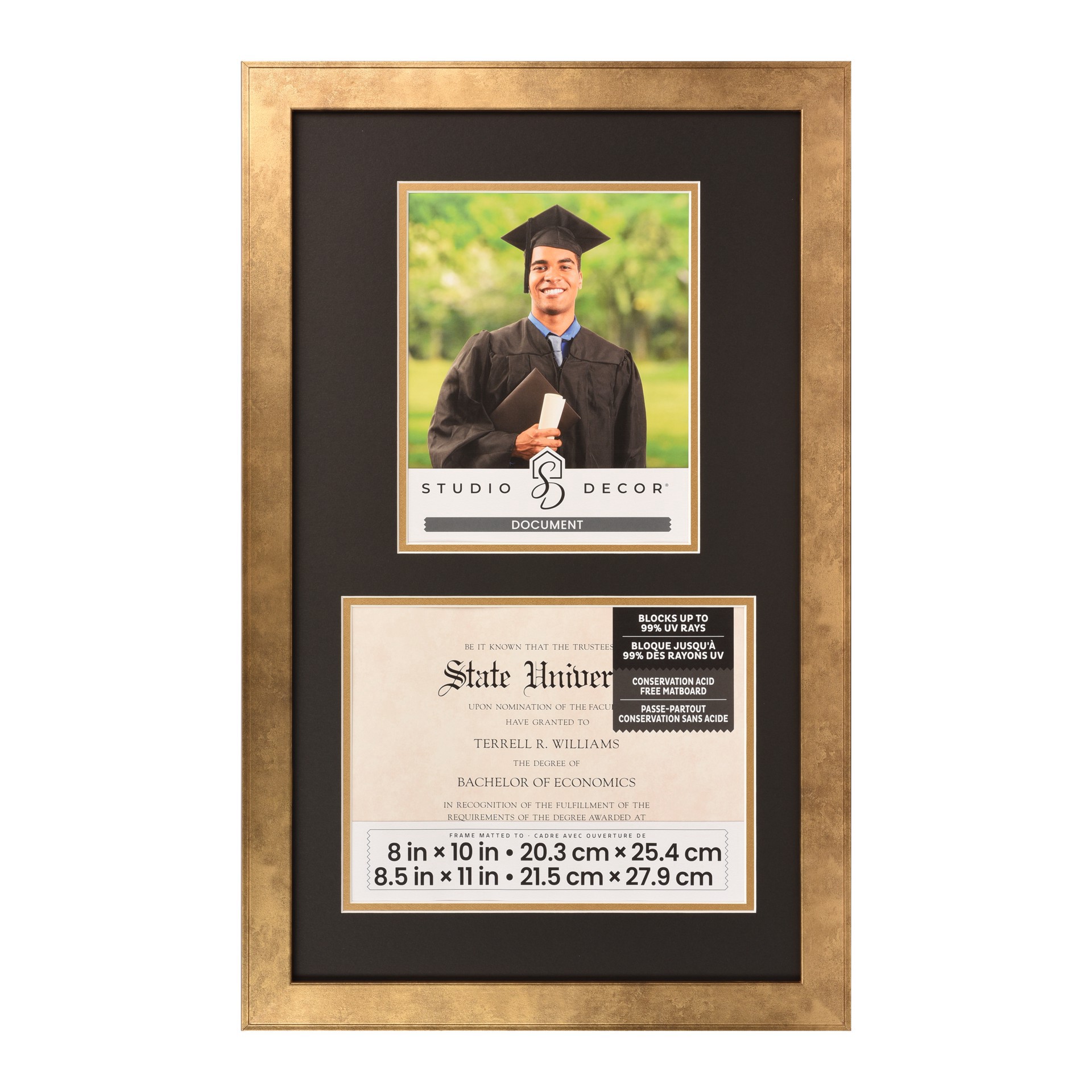 slide 2 of 4, 2 Opening 8.5" X 11" Gold Document Frame With Double Mat By Studio Decor, 8.5 in x 11 in