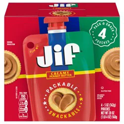 Jif Portable Squeeze Creamy Peanut Butter, 5 oz. Resealable Pouches, 4 ct.