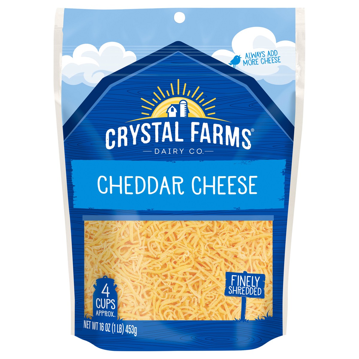 slide 1 of 1, Crystal Farms Finely Shredded Cheddar Cheese 16 Oz. Zip Pak, 1 ct