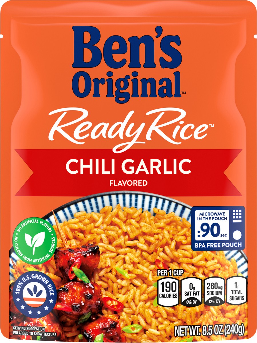 slide 1 of 7, BEN'S ORIGINAL Ready Rice Chili Garlic Flavored Rice, Easy Dinner Side, 8.5 OZ Pouch, 8.5 oz