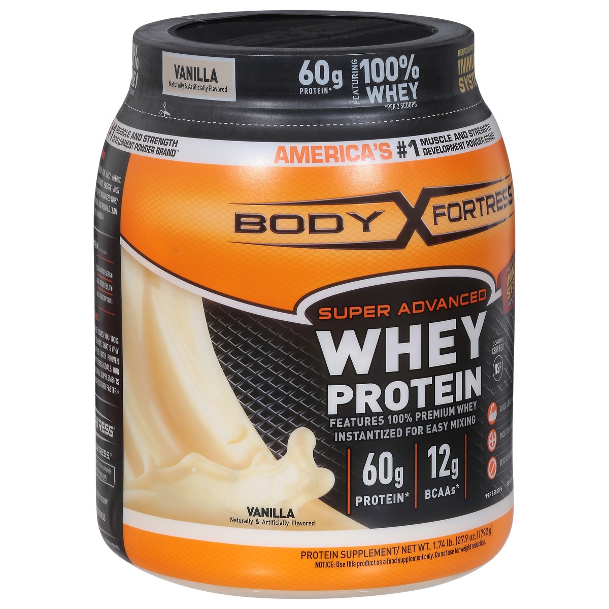 slide 6 of 9, Body Fortress Super Advanced 100% Premium Whey Protein Powder, Vanilla, 60g Protein & 12g BCAAs Per 2 Scoops, Muscle Gain & Recovery, Immune Support with Vitamins C & D, 1.74lbs (Packaging May Vary), 27.8 oz