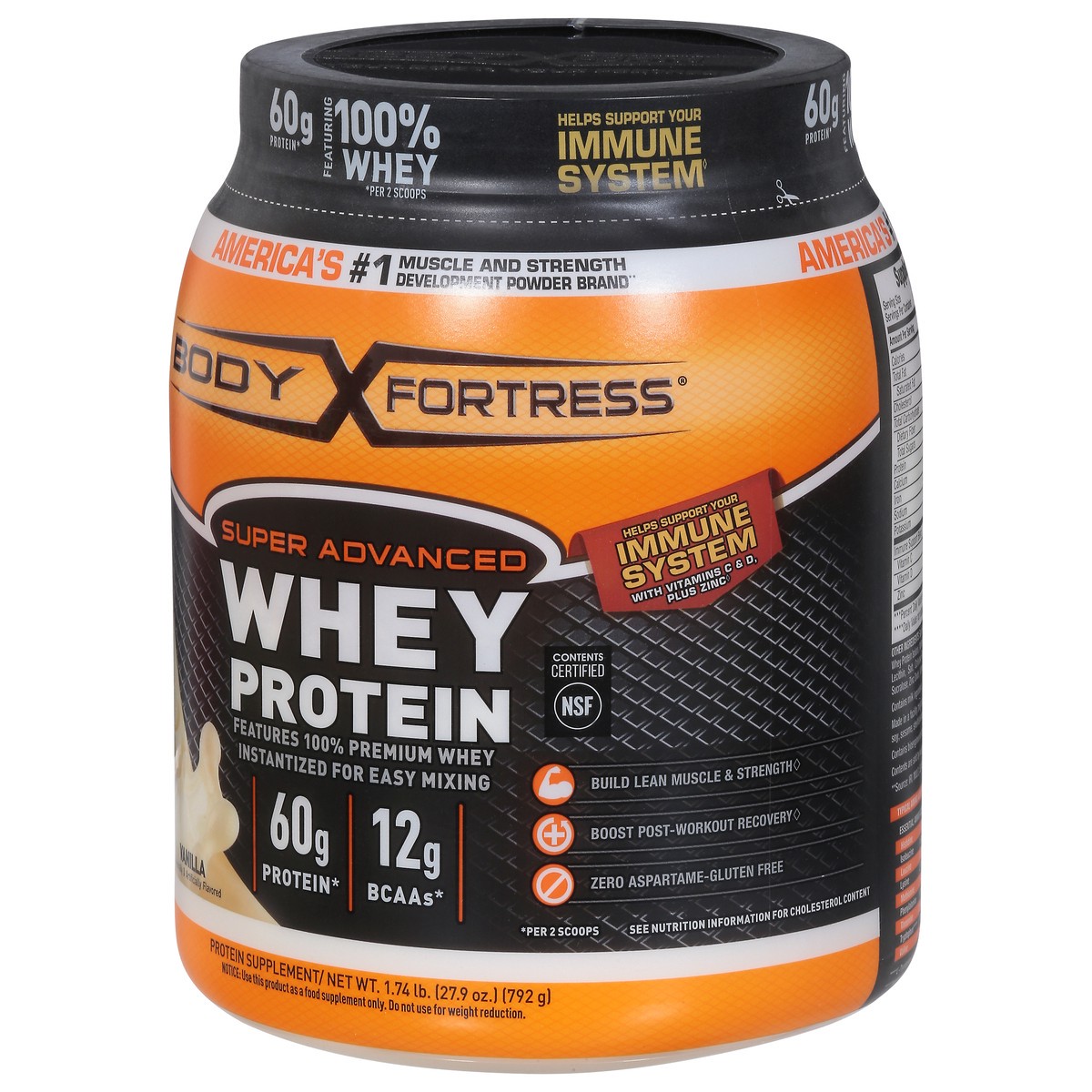 slide 5 of 9, Body Fortress Super Advanced 100% Premium Whey Protein Powder, Vanilla, 60g Protein & 12g BCAAs Per 2 Scoops, Muscle Gain & Recovery, Immune Support with Vitamins C & D, 1.74lbs (Packaging May Vary), 27.8 oz