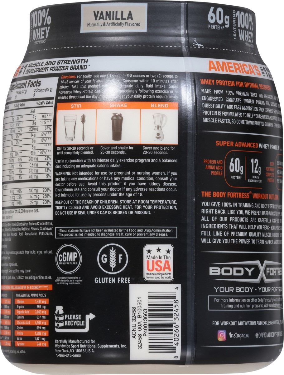 slide 3 of 9, Body Fortress Super Advanced 100% Premium Whey Protein Powder, Vanilla, 60g Protein & 12g BCAAs Per 2 Scoops, Muscle Gain & Recovery, Immune Support with Vitamins C & D, 1.74lbs (Packaging May Vary), 27.8 oz