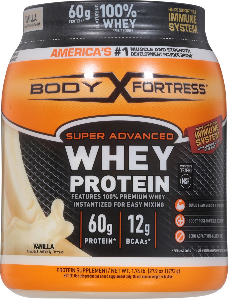 slide 8 of 9, Body Fortress Super Advanced 100% Premium Whey Protein Powder, Vanilla, 60g Protein & 12g BCAAs Per 2 Scoops, Muscle Gain & Recovery, Immune Support with Vitamins C & D, 1.74lbs (Packaging May Vary), 27.8 oz
