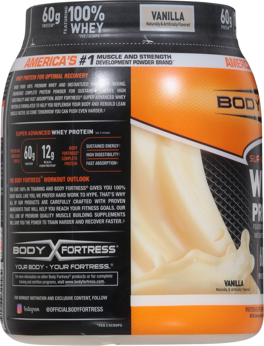 slide 7 of 9, Body Fortress Super Advanced 100% Premium Whey Protein Powder, Vanilla, 60g Protein & 12g BCAAs Per 2 Scoops, Muscle Gain & Recovery, Immune Support with Vitamins C & D, 1.74lbs (Packaging May Vary), 27.8 oz