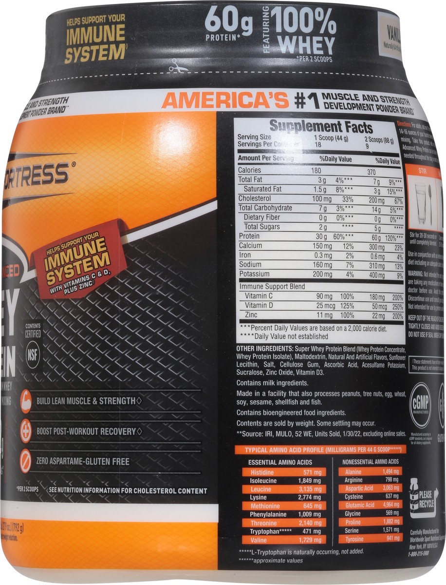 slide 2 of 9, Body Fortress Super Advanced 100% Premium Whey Protein Powder, Vanilla, 60g Protein & 12g BCAAs Per 2 Scoops, Muscle Gain & Recovery, Immune Support with Vitamins C & D, 1.74lbs (Packaging May Vary), 27.8 oz