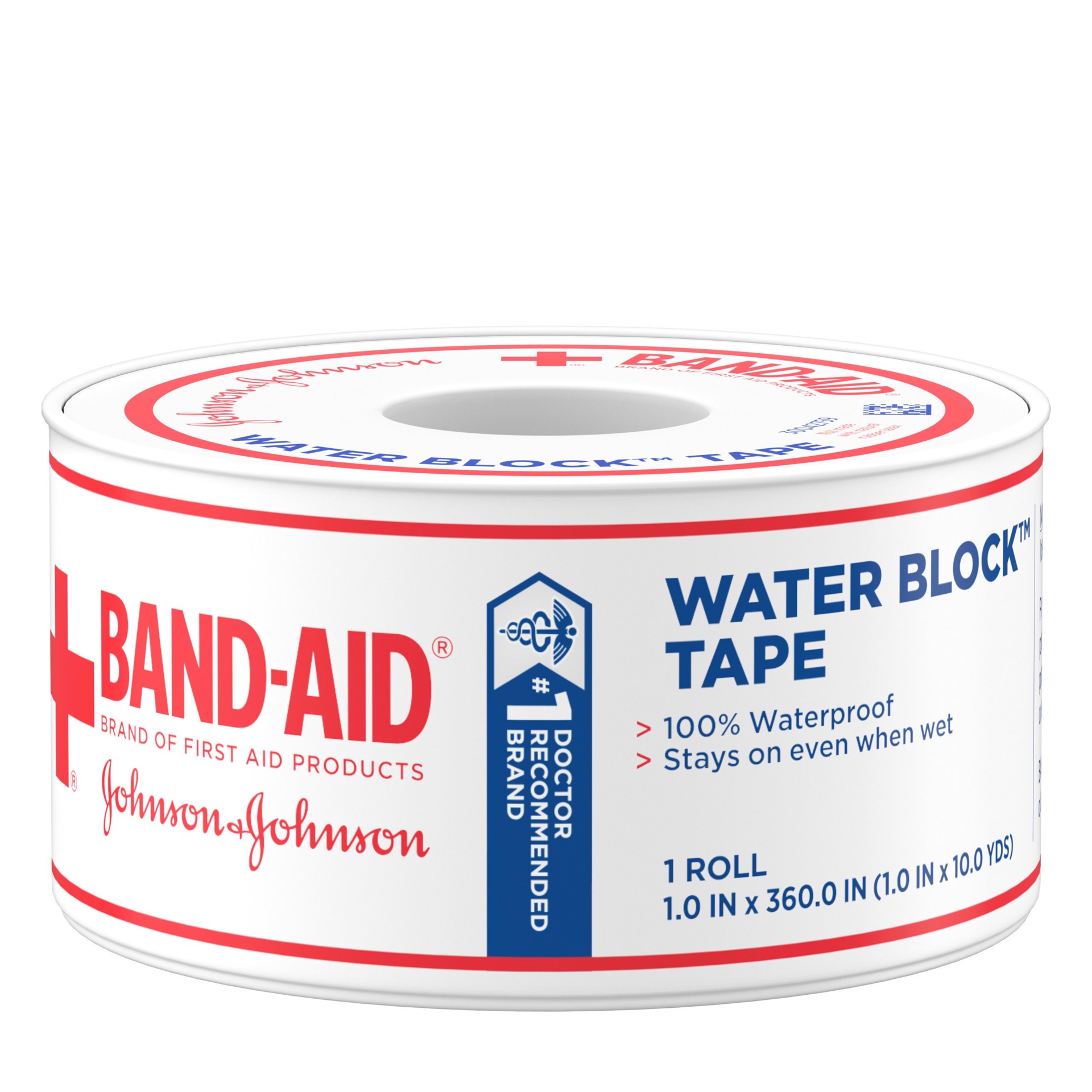 slide 1 of 6, BAND-AID First Aid Water Block 100% Waterproof Self-Adhesive Tape Roll for Durable Wound Care to Firmly Secure Bandages, 1 In by 10 yd, 1 ct