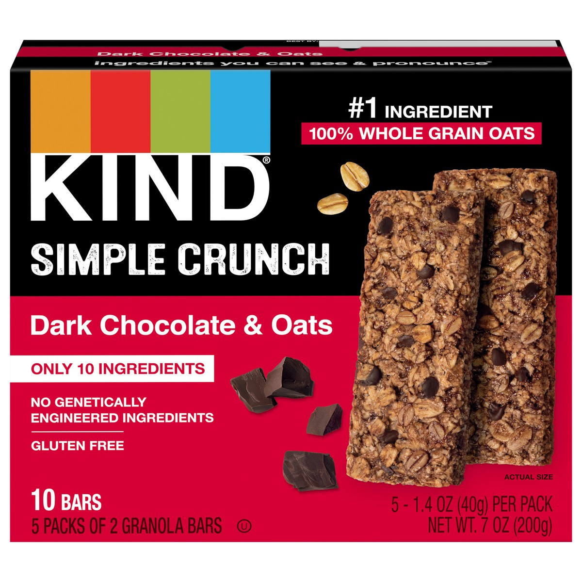 slide 1 of 9, KIND Simple Crunch, Healthy Snack Bar, Dark Chocolate & Oats, Gluten Free Bars, 100% Whole Grain Oats, 1.4 OZ, (10 Count), 5 ct