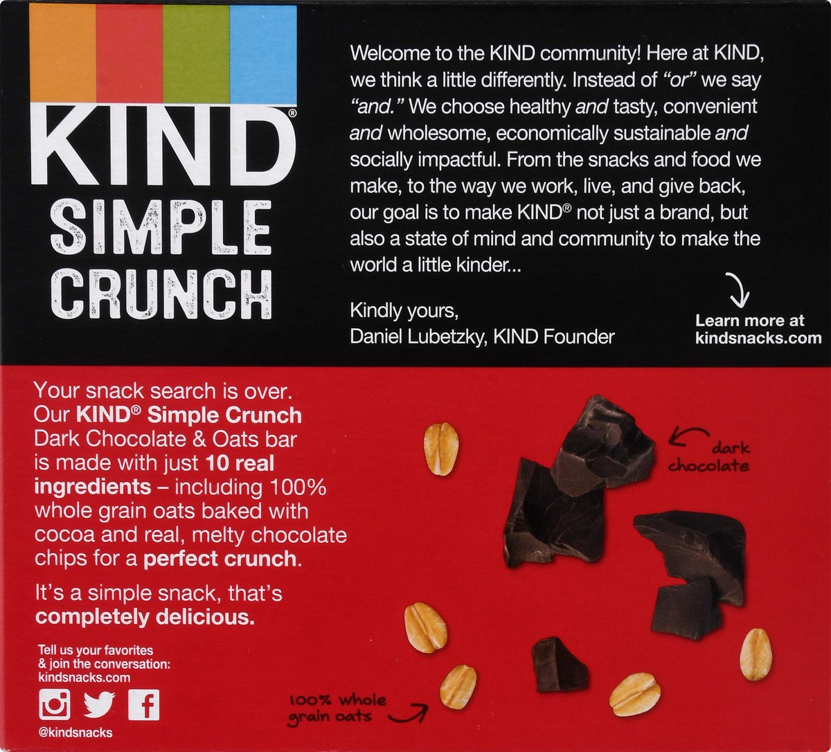 slide 3 of 9, KIND Simple Crunch Bars, Oats & Dark Chocolate, 1.4 oz, 5 Count, 7 oz