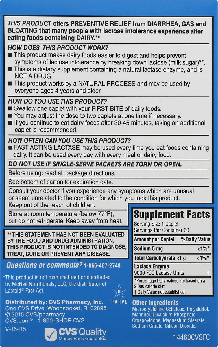 slide 12 of 12, CVS Health Dairy Relief Fast Acting Caplets, 125 Ct, 1 ct