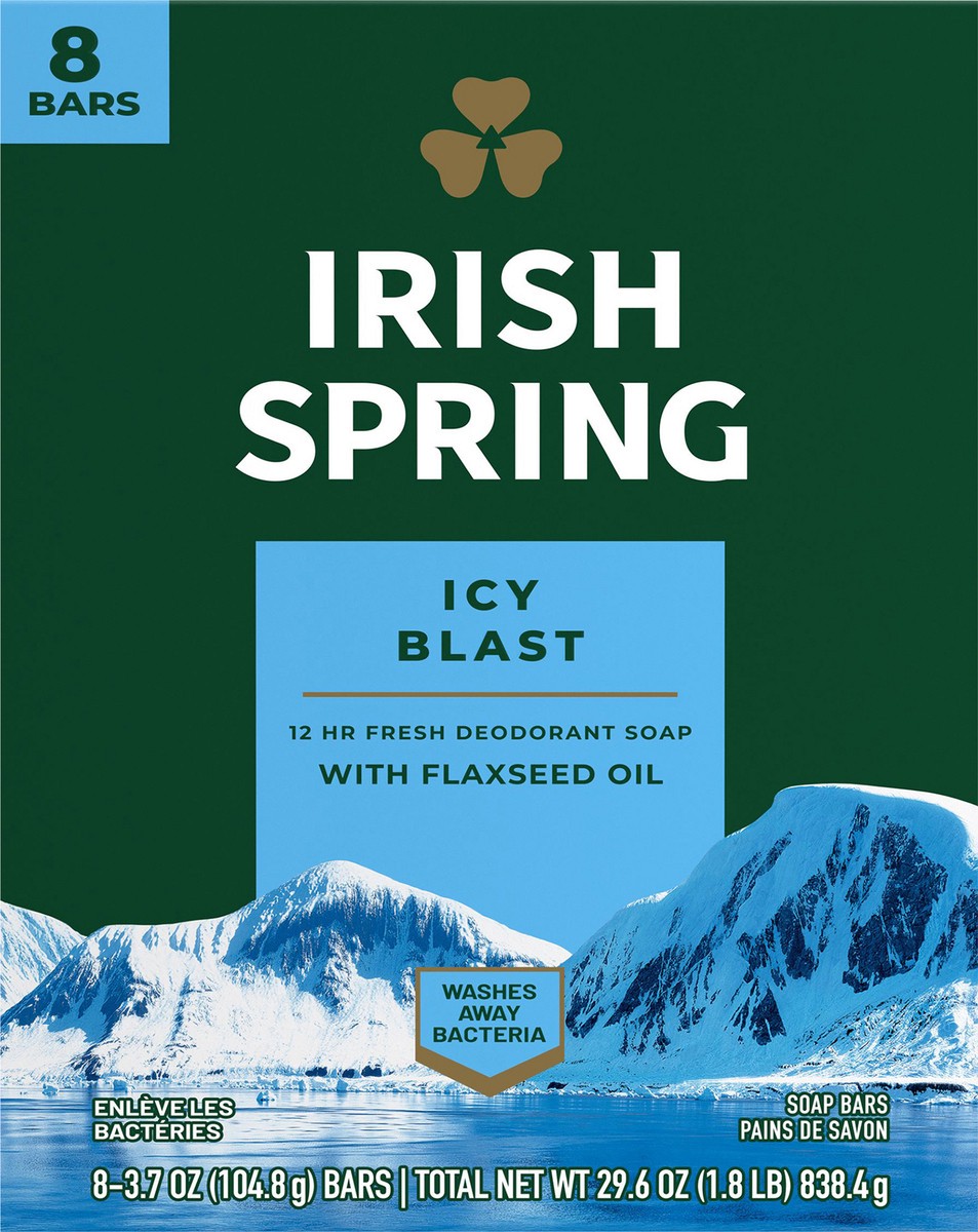 slide 3 of 7, Irish Spring Icy Blast Deodorant Bar Soap for Men, 3.7 oz, 8 Pack, 8 ct