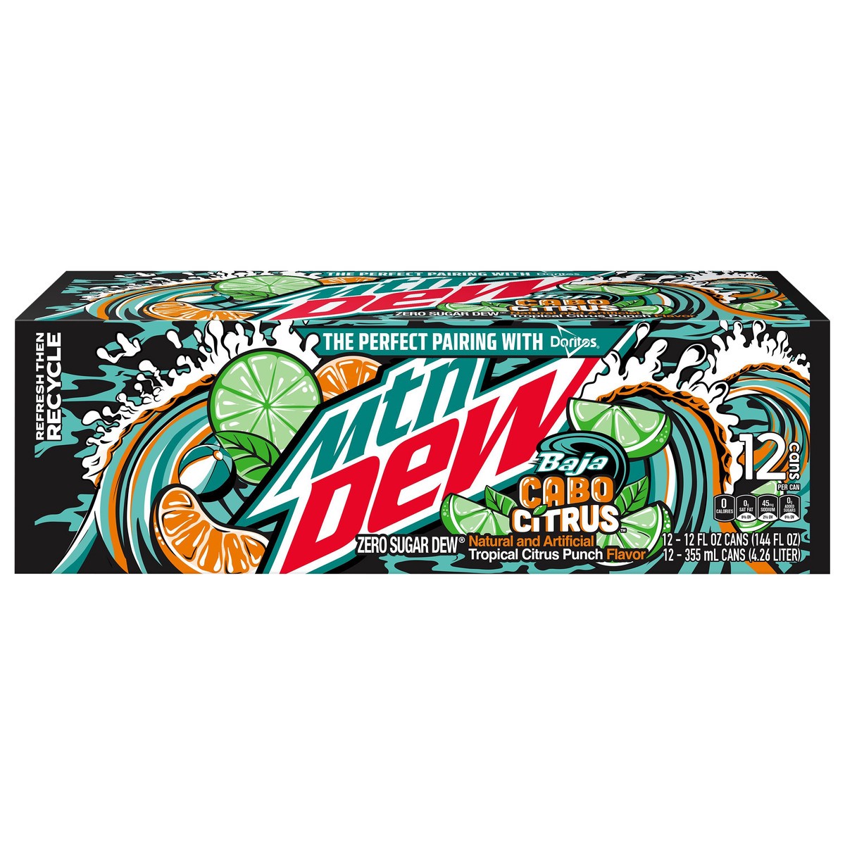 slide 1 of 10, Mountain Dew Baja Zero Sugar Soda, Cabo Citrus, 12 fl oz, 12 Count, 12 ct