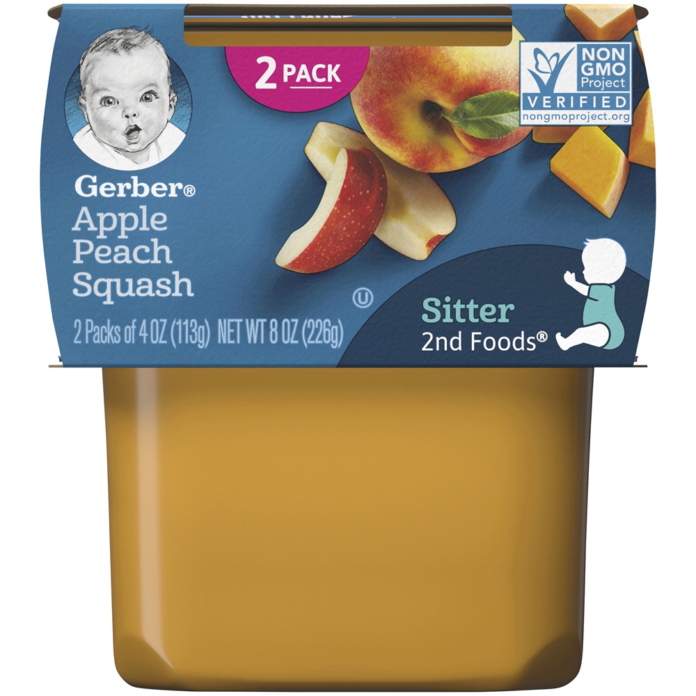 slide 2 of 9, Gerber Apple Peach Squash Stage 2 Baby Food, 2 ct; 4 oz