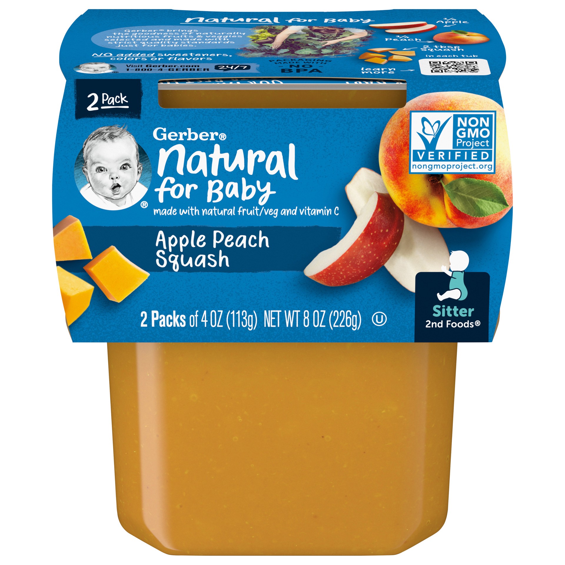 slide 1 of 9, Gerber 2nd Foods Natural for Baby Baby Food, Apple Peach Squash, 4 oz Tubs (2 Pack), 8 oz