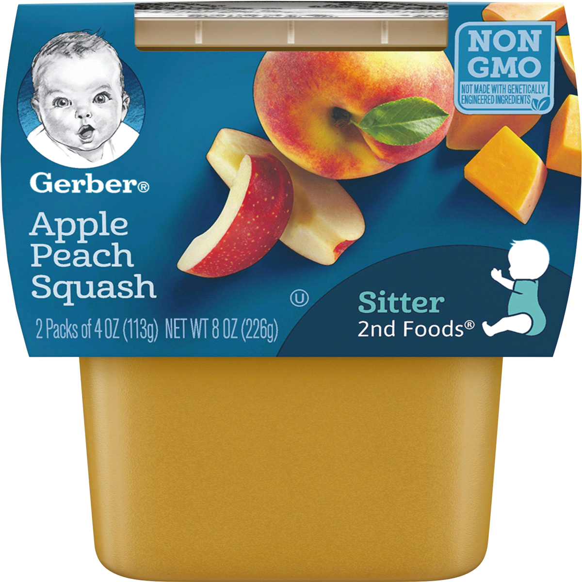 slide 1 of 9, Gerber Apple Peach Squash Stage 2 Baby Food, 2 ct; 4 oz