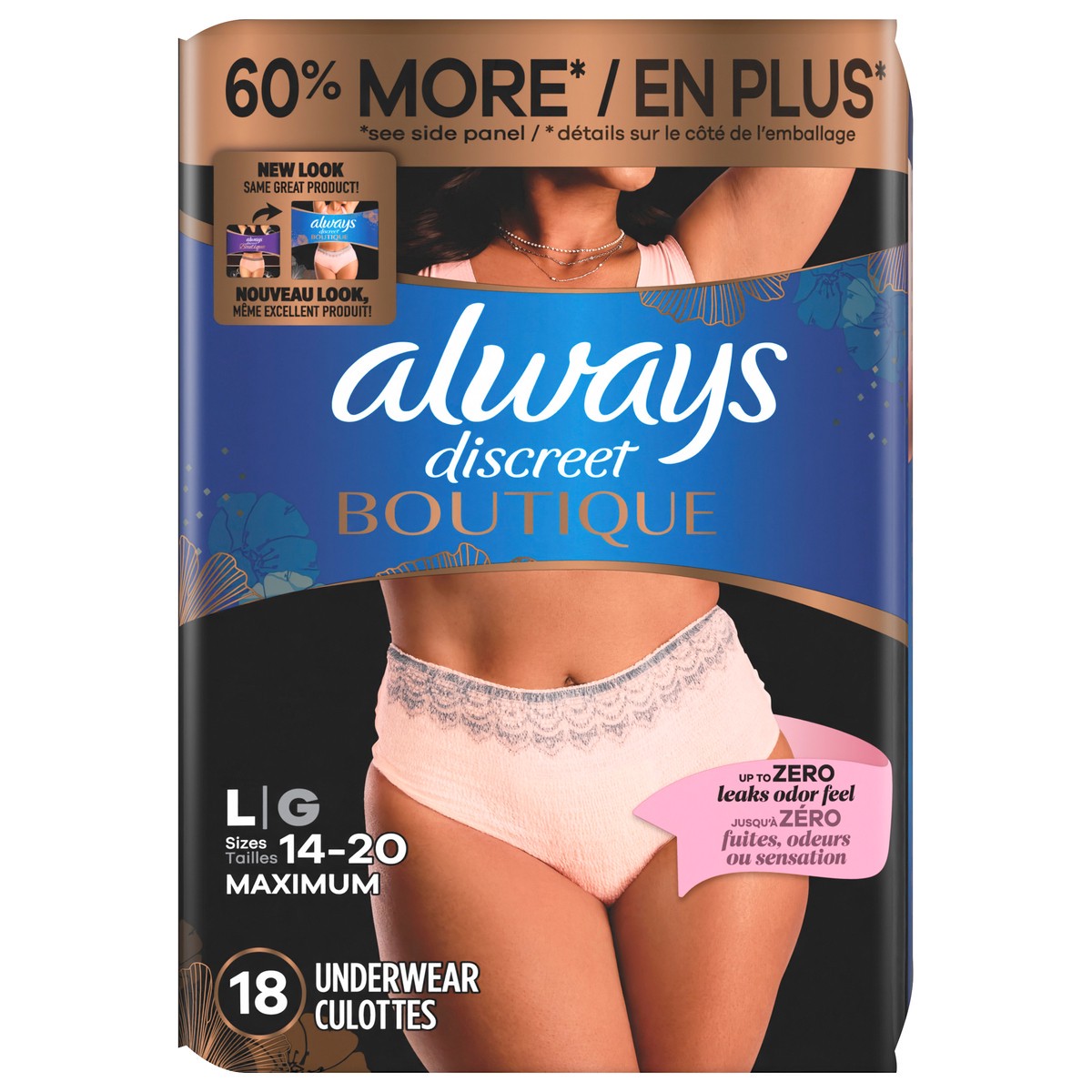 slide 1 of 29, Always Discreet Boutique Incontinence and Postpartum Underwear for Women, Maximum Protection, L, Rosy, 18 Count, 18 ct