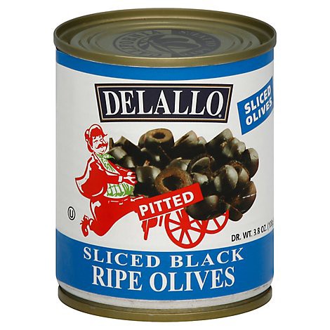 slide 1 of 1, DeLallo Olives, Pitted, Black Ripe, Large, Sliced, 3.8 oz