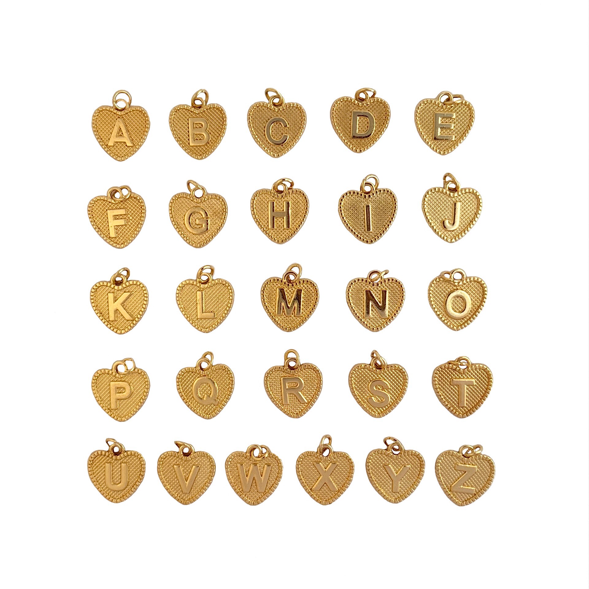 slide 3 of 3, Blue Moon Studio Gold-Colored Heart Alphabet Charm Set, 15mm x 15.75mm