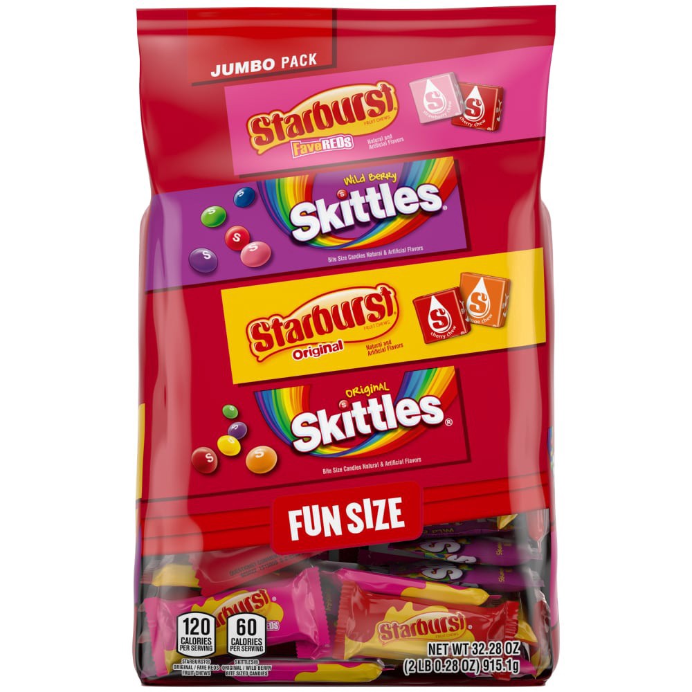 slide 1 of 6, Wrigley SKITTLES & STARBURST Fun Size Chewy Candy Variety Bag , Family Size, 14.24 Oz Bulk Bag, 14.24 oz