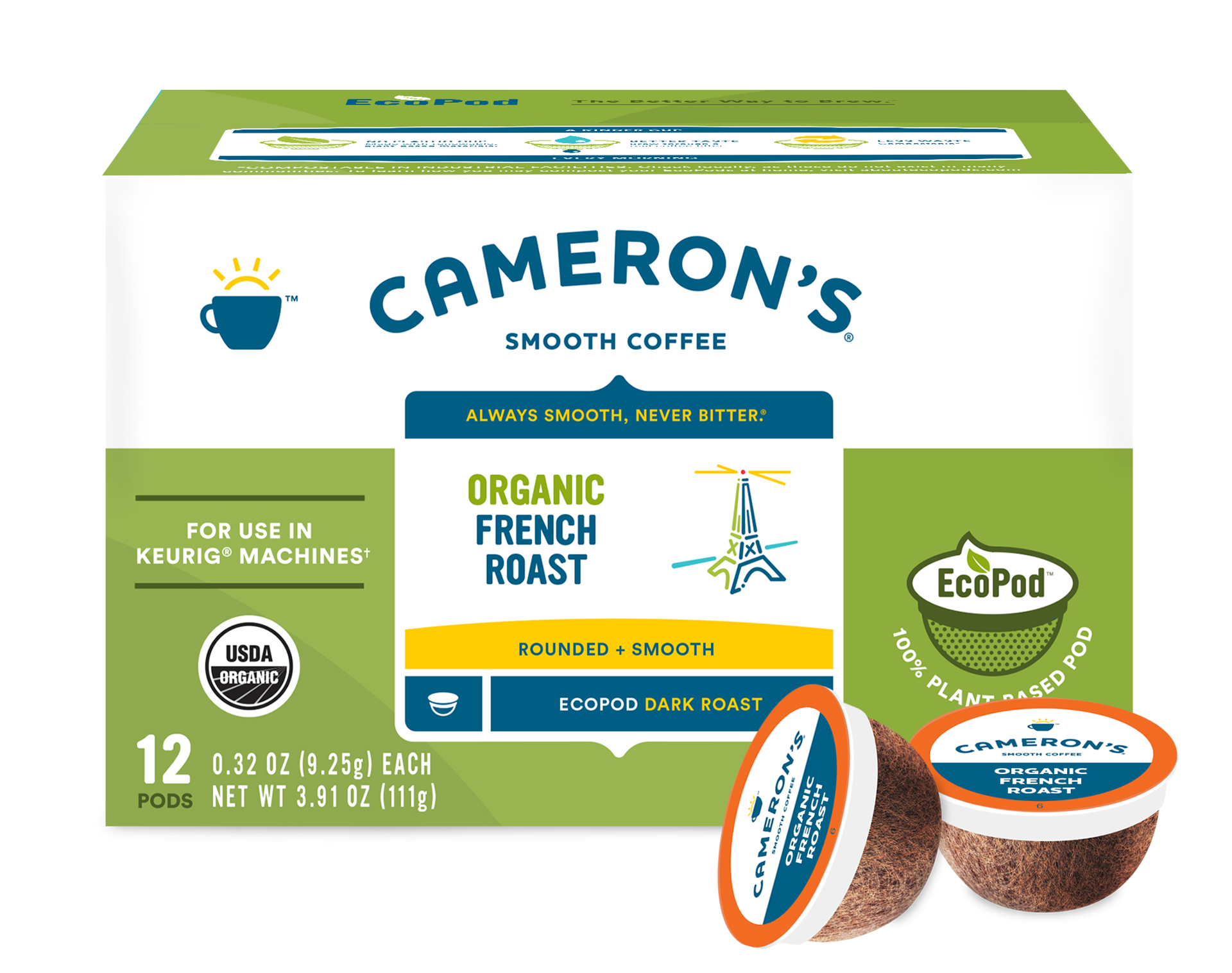 slide 1 of 9, Cameron's Coffee Single Serve Pods, Organic French Roast, 12 Count, 3.91 oz