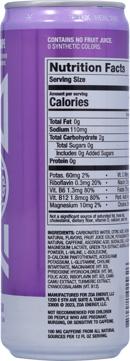 slide 12 of 14, ZOA Zero Sugar Frosted Grape Energy Drink 12 fl oz, 12 fl oz